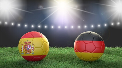 Fototapeta premium Two soccer balls in flags colors on stadium blurred background. Spain vs Germany. 3d image