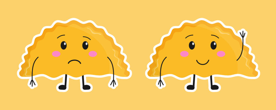 Cute cheburek stickers. Funny and sad dumplings. Vector illustration of meat dumplings