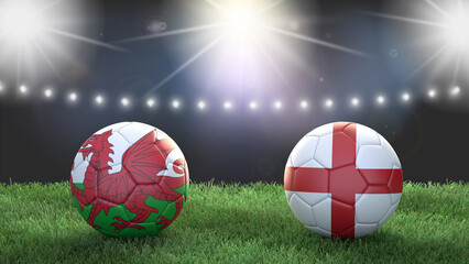 Two soccer balls in flags colors on stadium blurred background. Wales vs England. 3d image - obrazy, fototapety, plakaty