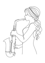 Silhouette of beautiful woman playing saxophone in continuous line modern style. Saxophonist girl, slim. Aesthetic decor sketches, posters, stickers, logo. set of vector illustrations.
