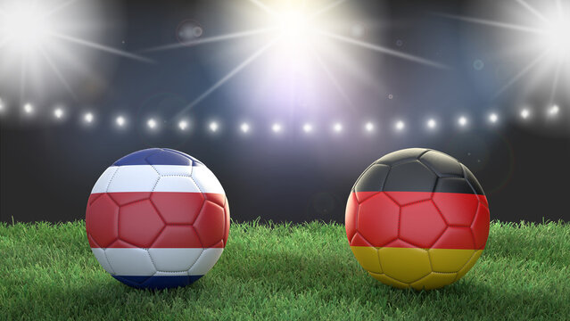 Two soccer balls in flags colors on stadium blurred background. Costa Rica vs Germany. 3d image