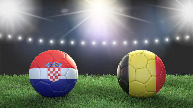 Two soccer balls in flags colors on stadium blurred background. Croatia vs Belgium. 3d image