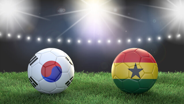 Two soccer balls in flags colors on stadium blurred background. South Korea vs Ghana. 3d image