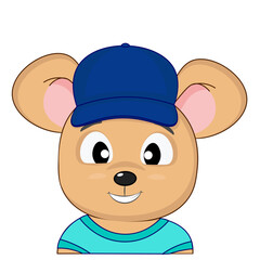 A cute little mouse in a cap and a T-shirt smiles