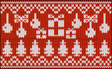 Fototapeta na wymiar New year knitted banner with xmas balls and gifts, vector illustration 