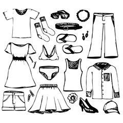 Set of women's summer clothes and accessories. Doodle illustration