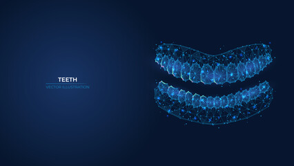 Futuristic abstract symbol of the upper and lower row of teeth. Wireframe dental clinic concept. Low poly geometric 3d wallpaper background vector illustration.