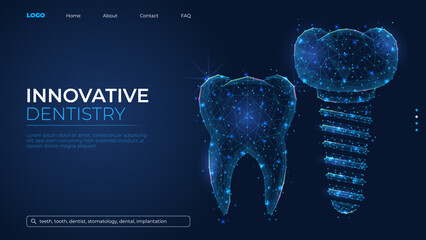 Futuristic abstract symbol of a tooth and dental implant. Wireframe dental clinic concept. Low poly geometric 3d wallpaper background vector illustration.