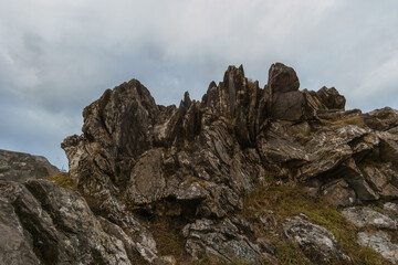 Rocky landscape at Roc'h Trevezel summit on a cloudy autumn evening, Parc naturel regional d'Armorique, Brittany, France