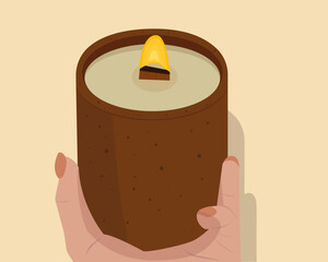 Illustration of  burning candle in hand. Vector illustration. Idea of hygge comfort and coziness