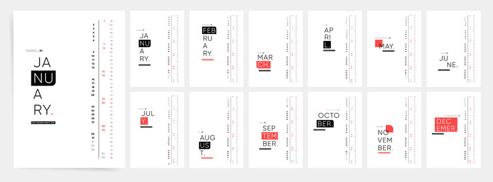 Modern and minimal calendar for year 2023. Abstract creative typography printable calendar template. Vector set of 12 months pages with brutalist style.  
