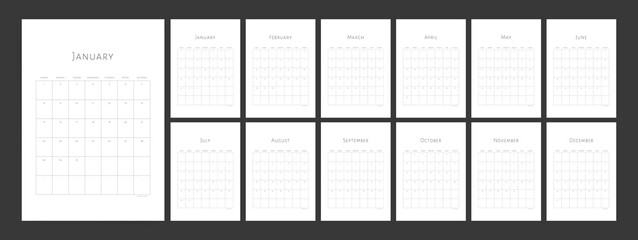 2023 Simple Minimalist calendar. Week starts Sunday. Modern monthly calendar planner design for printing. Set of 12 pages desk or wall calendar.  