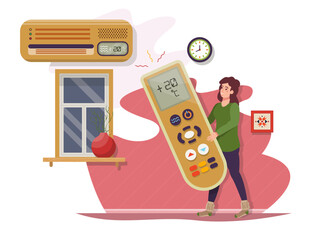 Woman wearing warm clothes reducing room temperature on the heater, air conditioner, climate control. Warm at home. Freezing at home. Economy of energy.  Energy saving concept. vector illustration.