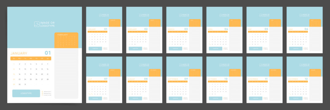 2023 Calendar template design. Week starts on Sunday blue office calendar formwork and study. Desktop planner in simple clean style. Corporate or business calendar. English vector calendar layout.