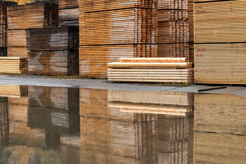 Pile of timber reflecting in water