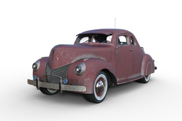 Plakat 3D illustration of an old rusty grey American vintage car isolated on white.