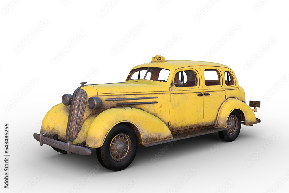 Wall mural 3D illustration of an old rusty vintage yellow taxi cab isolated on white.