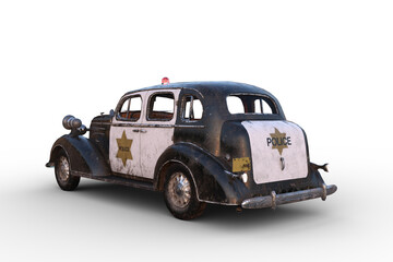 Rear corner view 3D illustration of a rusty dirty old vintage police car isolated on white. © IG Digital Arts