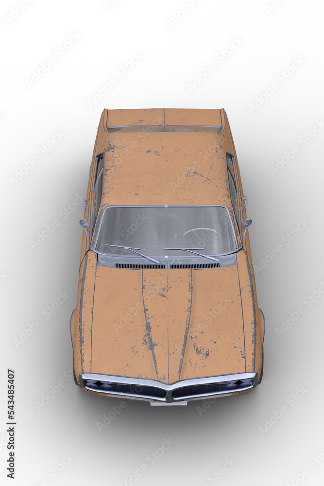 Poster 3d rendering of an old retro american muscle car with rusty yellow body isolated on transparent back