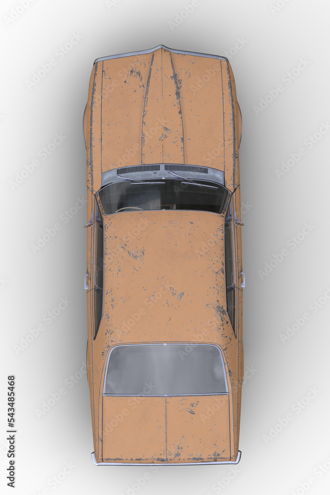 Poster top view 3d rendering of an old retro american muscle car with rusty yellow body isolated on transpa