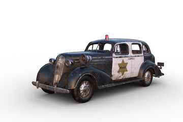 3D illustration of a rusty dirty old vintage police car isolated on white.