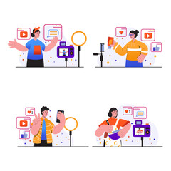 Video blogging concept scenes set. People create videos using cameras or smartphones, record tutorials or stream at blogs, bloggers make content. Illustration collection in trendy flat design