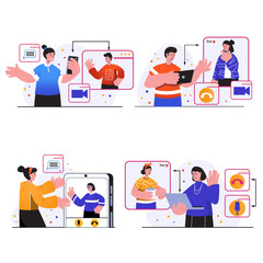 Video chatting concept scenes set. People meeting using video calls, communication of friends in application, networking and online conference. Illustration collection in trendy flat design