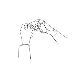 Vector illustration of hands holding a joystick drawn in line art style