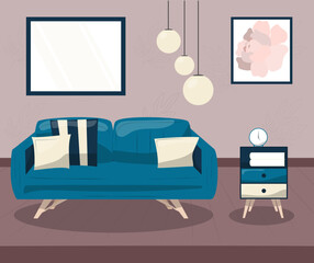 Living room with sofa. Modern interior design with a blue sofa and pillows. Cartoon vector illustration. 