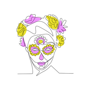 Vector illustration of a portrait of a woman with a carnival make-up drawn in the style of line art