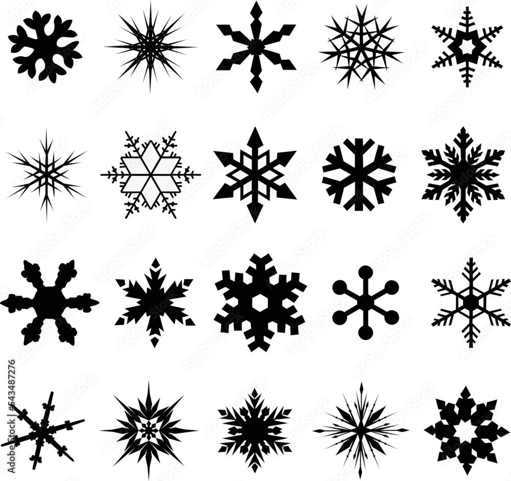 Poster set of different snowflake icons isolated on the white background