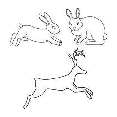 Line drawings of rabbits and deer. Vector illustration