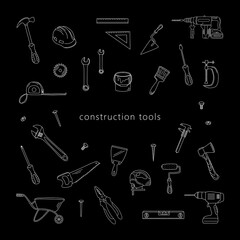 Construction tools. Outline hand drawn elements. The concept of home renovation, construction.