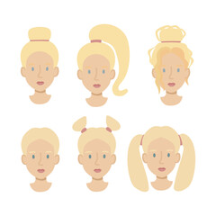 Set girls faces flat. Friendly young woman with different hairstyles blond hair. Hand drawn vector illustration.