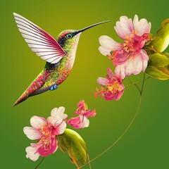 Fototapeta premium Digital illustration of a colorful bright flying hummingbird on a floral background