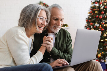 smiling middle aged couple holding hands and having video call on laptop during christmas