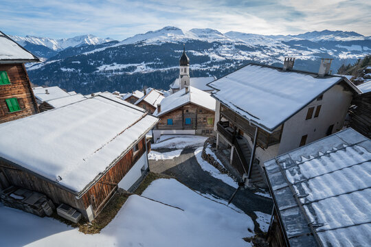 The village of Siat, high above the valley of the Surselva, Grisons, Switzerland