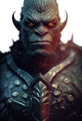 Angry looking troll mythological monster portrait. Horns and armor. Glowing eyes. Isolated Transparent background. - obrazy, fototapety, plakaty