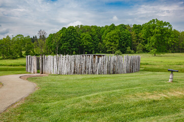 Circular stockade fence at Fort Necessity in Pennsylvania where George Washington battled in the...