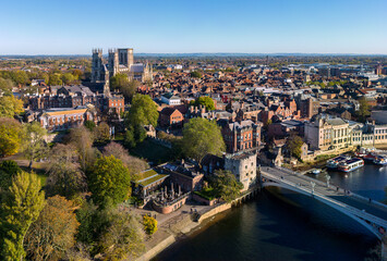 Aerial view of York Minster, the River Ouse and the city of York in the United Kingdom. - obrazy, fototapety, plakaty