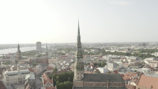 Riga Old town drone flies around St. Peter's Church