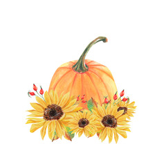 Watercolor realistic orange pumpkin with sunflowers. For rustic wedding design, garden party invites, autumn prints, Thanksgiving greeting cards, packaging, fall postcard, stationery, digital planner