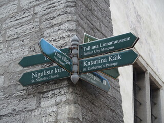 Signposts to churches and tourist destinations in Tallinn, Estonia