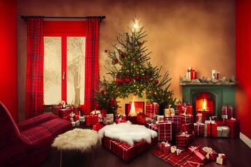 Fototapeta na wymiar Cozy vintage Christmas holdiay decorated room with red walls and curtains, Christmas tree, fireplace, candles, toys, fur carpet and tartan plaid armchair.