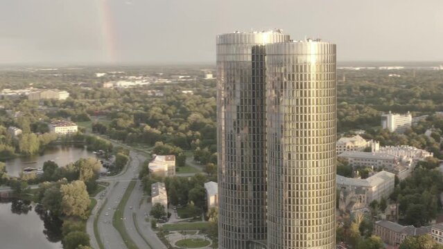 Riga Z-Towers drone flies around Time timelapse hyperlapse skyscraper