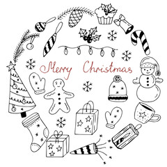 Christmas and New Year background vector illustration, hand drawing doodles