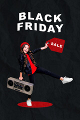 Vertical collage picture of excited happy little girl hold boombox black friday sale limited time...