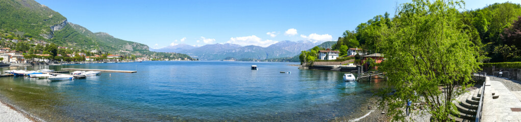 Extra wide angle view of the Gulf of Lenno and the Lake Como with Bellagio and Tremezzo