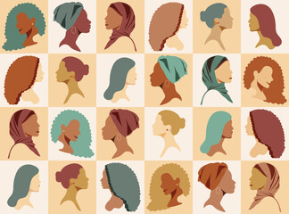 Set of different simple flat silhouettes of women of different cultures, skin colors, nationalities and religions. Pattern of diversity of female beauty and strength