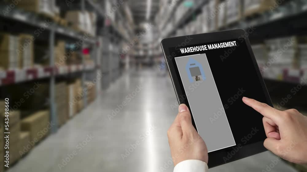 Poster warehouse management deft software in computer for real time monitoring of goods package delivery . 